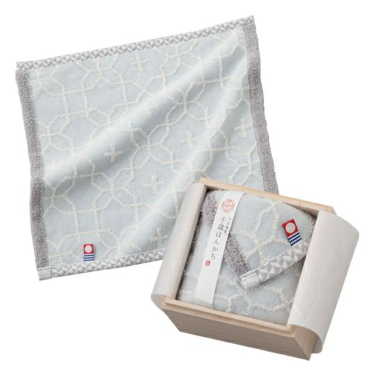 今治謹製　千歳はんかち　木箱入り　タオルハンカチ1枚　HK1017　ブルー　（今治産）