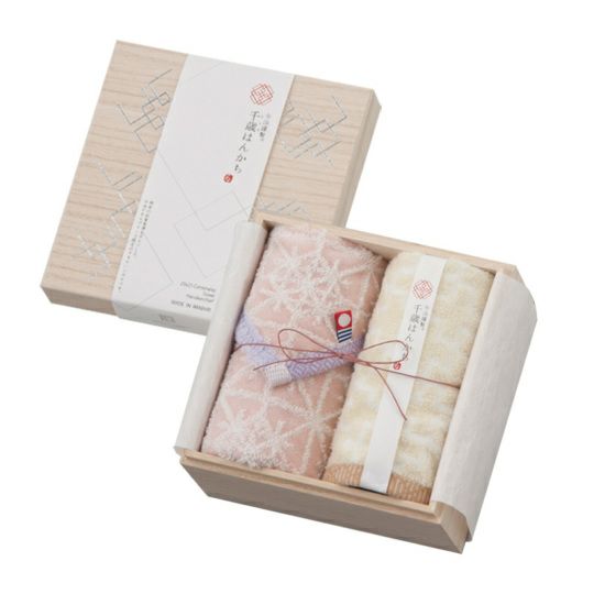 今治謹製　千歳はんかち　木箱入り　タオルハンカチ2枚セット　HK2017　ピンク　（今治産）