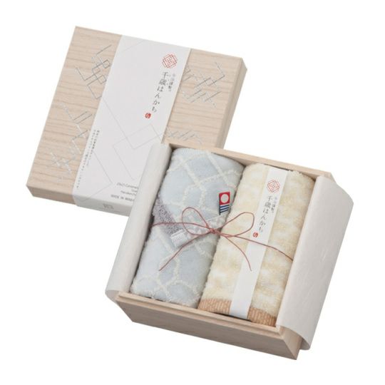今治謹製　千歳はんかち　木箱入り　タオルハンカチ2枚セット　HK2017　ブルー　（今治産）