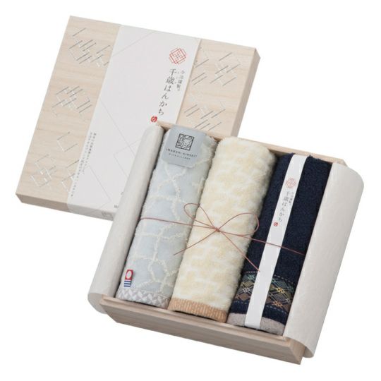 今治謹製　千歳はんかち　木箱入り　タオルハンカチ3枚セット　HK3017　ブルー　（今治産）