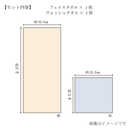 今治謹製　紋織タオル　木箱入り　フェイスタオル１枚・ウォッシュタオル１枚セット　IM7715　ブルー(今治製)のサイズ