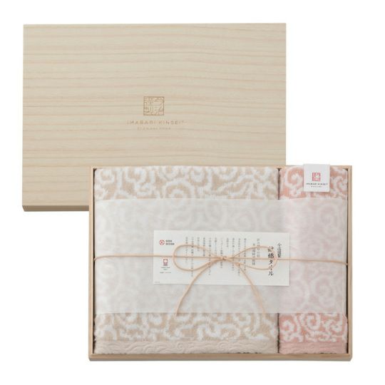 今治謹製　紋織タオル　木箱入り　バスタオル１枚・ウォッシュタオル１枚セット　IM7730 ピンク(今治製)