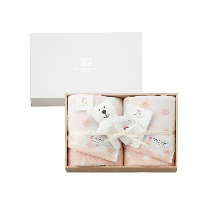 今治謹製 First towel　木箱入り　フェイスタオル2枚・にぎにぎ(鈴入り)1点セット　FS7750　ピンク　(今治産)