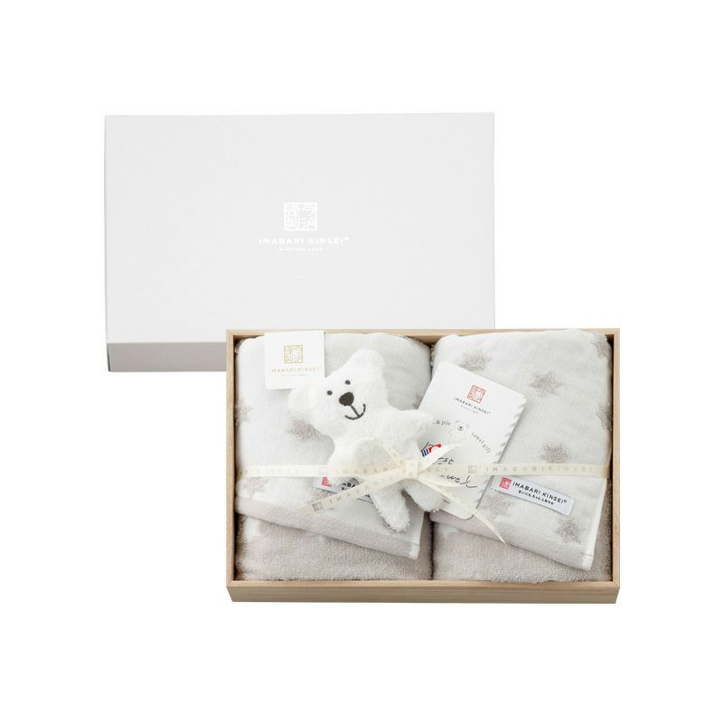 今治謹製 First towel　木箱入り　フェイスタオル2枚・にぎにぎ(鈴入り)1点セット　FS7750　グレー　(今治産)