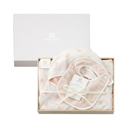 今治謹製 First towel　木箱入り　フード付きバスポンチョ1枚・スタイ1枚セット　FS7780　ピンク　(今治産)