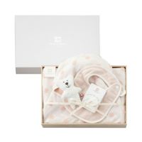 今治謹製 First towel　木箱入り　フード付きバスポンチョ1枚・スタイ1枚・にぎにぎ(鈴入り)1点セット　FS7710　ピンク　(今治産)
