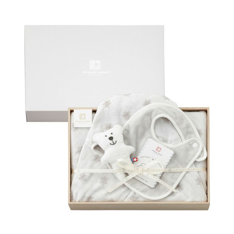 今治謹製 First towel　木箱入り　フード付きバスポンチョ1枚・スタイ1枚・にぎにぎ(鈴入り)1点セット　FS7710　グレー　(今治産)