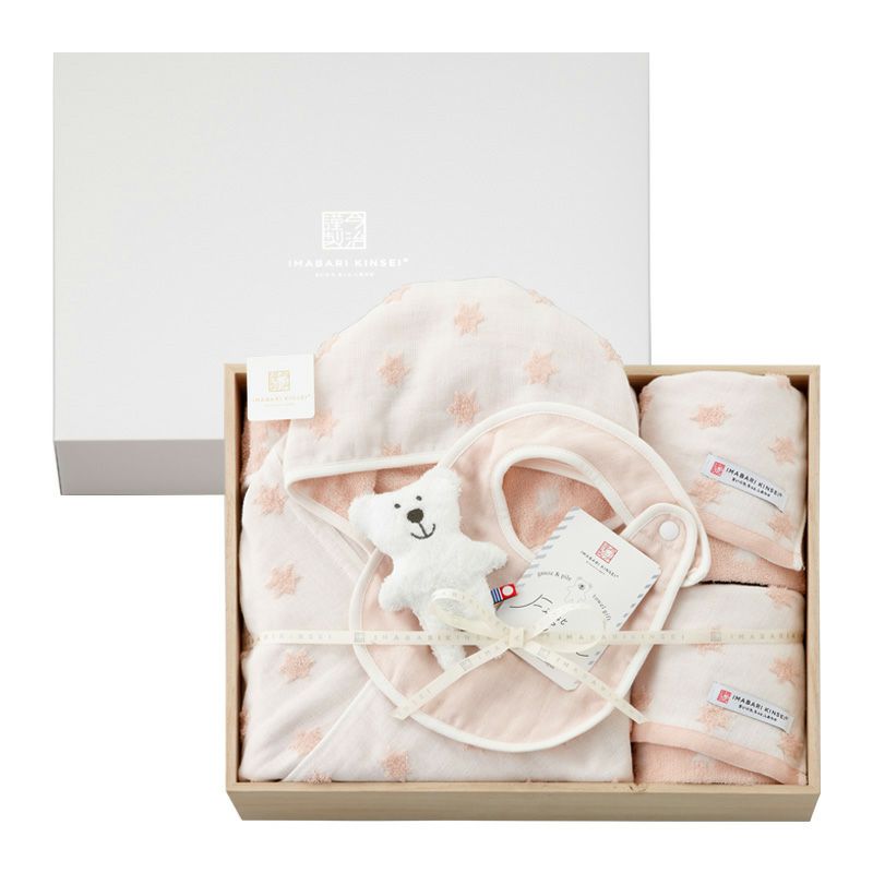 今治謹製 First towel　木箱入り　フード付きバスポンチョ1枚・フェイスタオル2枚・スタイ1枚・にぎにぎ(鈴入り)1点セット　FS7713　ピンク　(今治産)
