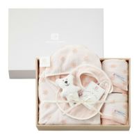 今治謹製 First towel　木箱入り　フード付きバスポンチョ1枚・フェイスタオル2枚・スタイ1枚・にぎにぎ(鈴入り)1点セット　FS7713　ピンク　(今治産)