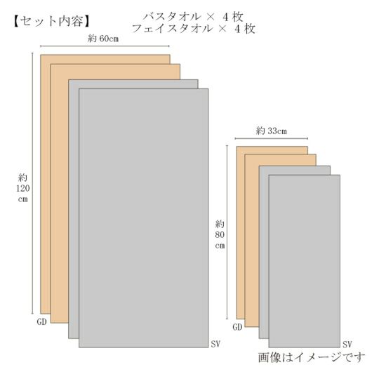 今治謹製 ご褒美タオル　木箱入り　バスタオル4枚・フェイスタオル4枚セット　GH63100（今治製）のサイズ