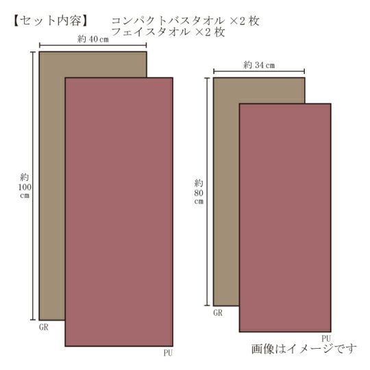 今治謹製　極上タオル premium　木箱入り　コンパクトバスタオル２枚・フェイスタオル２枚セット　GK22101（今治製）のサイズ