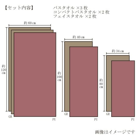  今治謹製　極上タオル premium　木箱入り　バスタオル3枚・コンパクトバスタオル２枚・フェイスタオル２枚セット　GK22250（今治製）のサイズ