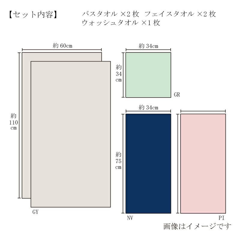 今治謹製　古色ゆかりいろ　バスタオル２枚・フェイスタオル２枚・ウォッシュタオル１枚セット　IK4100 (今治製)　サイズ