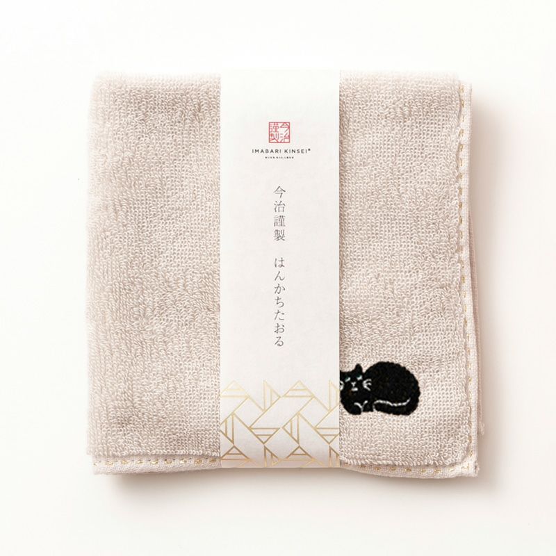 今治謹製 はんかちたおる　猫の刺繍入り（グレージュ）　約25×25㎝　TIHT124（今治製）
