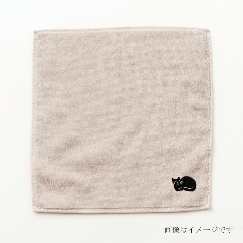 今治謹製 はんかちたおる　猫の刺繍入り（グレージュ）　約25×25㎝　TIHT124（今治製）　広げ