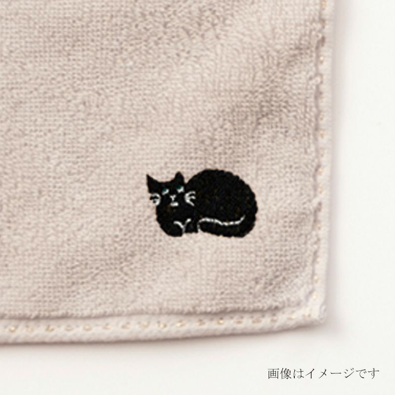 今治謹製 はんかちたおる　猫の刺繍入り（グレージュ）　約25×25㎝　TIHT124（今治製）　刺繍